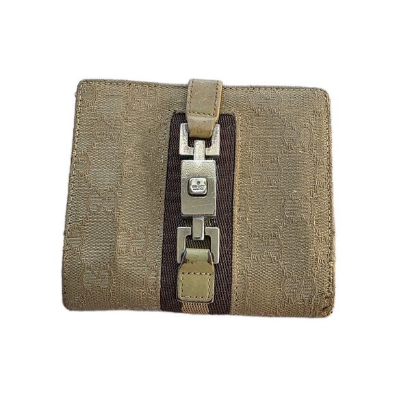 GUCCI Bi-fold Wallet Tan Brown Women's Canvas Signature Web Monogram Vintage